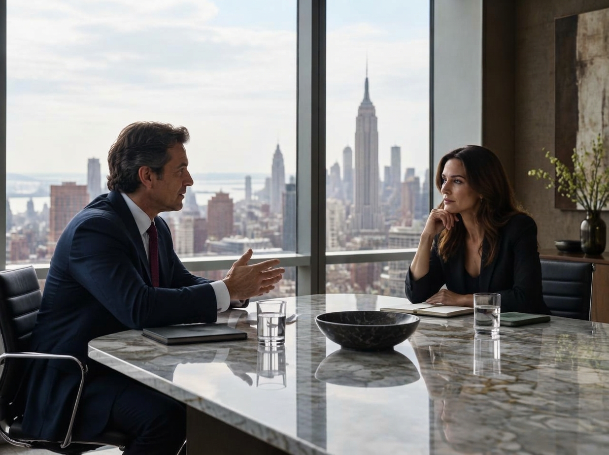 Two professionals in conversation in a New York meeting room